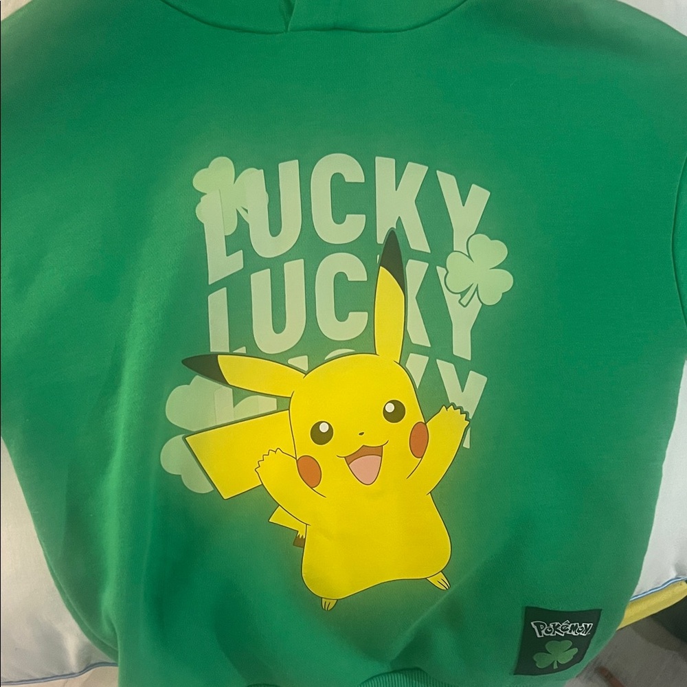 Pokemon Green Hoodie with Yellow Pikachu 'Lucky' Graphic